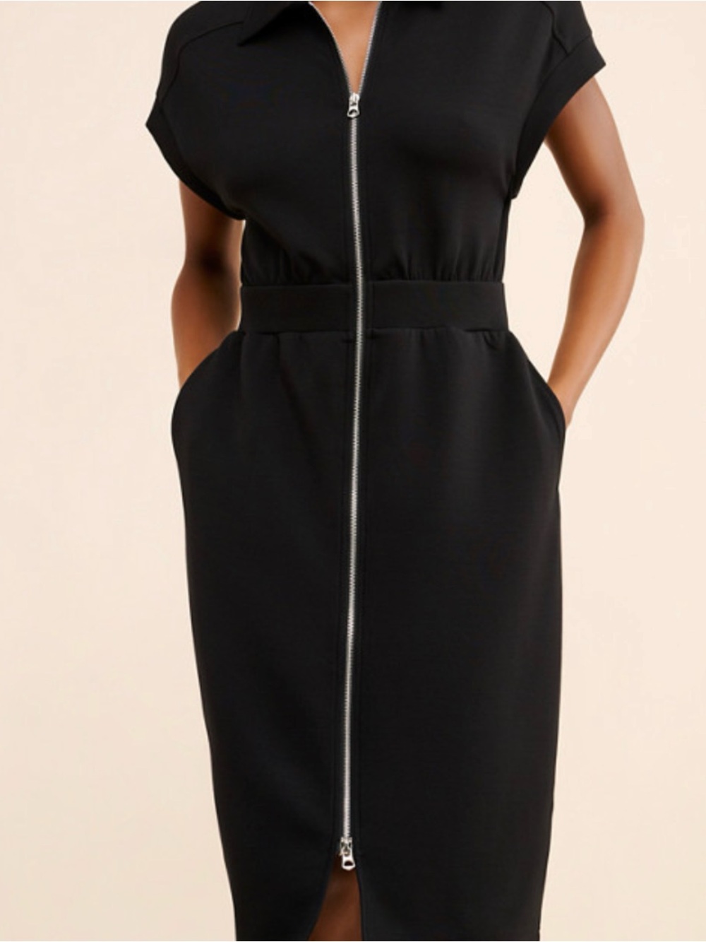 NEW Varley “Louisa” Black Double Soft Zip-Front Midi Dress NWOT